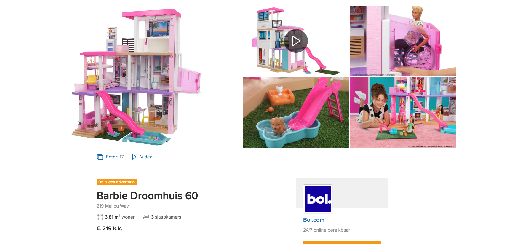Barbie verkoopt haar droomhuis op funda en bol.com 